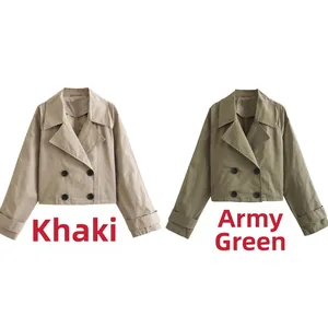 Detail view of khaki and army green cropped double-breasted trench coats with cuffs