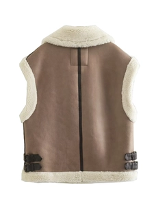 Brown faux suede vest with cream shearling lining and vintage buckled hem detail