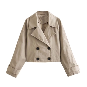 Detailed view of the double-breasted buttons and cuff strap on a khaki trench coat