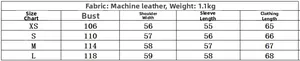 Size chart table for Y2K faux leather biker jacket with detailed measurements and weight info