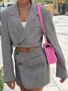 Schickes Hahnentritt-Zweiteiler-Set mit kurzem Blazer und Rock mit hoher Taille