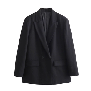 Classic black women's blazer with lapel collar and flap pockets on a white background