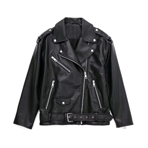 Close-up detail of silver zippers and metallic buckles on black faux leather biker jacket