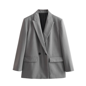 Women's medium gray double-breasted blazer with notch lapels and two large flap pockets