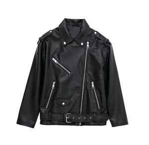 Detailed view of black faux leather biker jacket with metallic zippers and waist belt