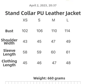 Size chart for the Y2K vintage faux leather stand collar bomber jacket for women