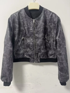 Women Y2K Vintage Distressed PU Faux Leather Bomber Jacket Stand Collar Zip Up Short Biker Coat Retro Streetwear Outwear