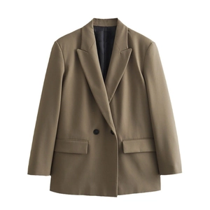 Minimalist khaki blazer jacket with notched lapel and black double-breasted buttons