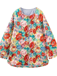 Veste Matelassée Florale Y2K pour Femmes Patchwork Contrasté Manches Évasées Manteau Rembourré Doublure Rayée Ourlet à Volants
