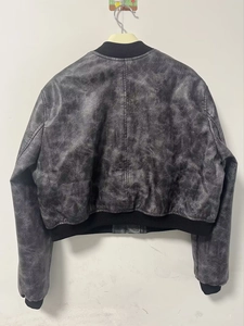 Short charcoal grey Y2K faux leather bomber jacket with washed vintage texture and ribbed trim
