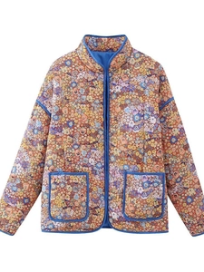 Veste Matelassée Fleurie Y2K Femme Vintage Bordure Contrastée Coupe Ample Manteau Coton Rembourré Streetwear Décontracté Chaud