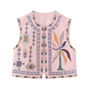 Bohemian pink embroidered sleeveless vest with ethnic patterns and open front style