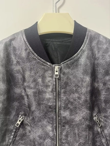 Vintage Y2K style distressed grey PU leather bomber jacket with stand collar and silver zippers