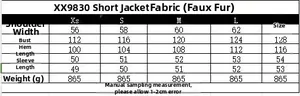 Size guide table for women's Y2K PU leather short jacket showing dimensions from XS to XL