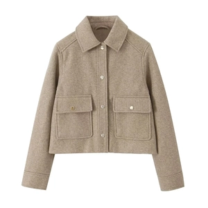 Short wool blend shirt jacket in beige with single-breasted metal buttons and two large pockets