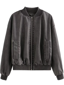 Blouson aviateur Y2K en similicuir gris foncé délavé avec finitions bords-côtes