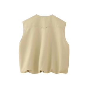 Back view of a beige Y2K cropped vest featuring a strap detail and a pleated hem
