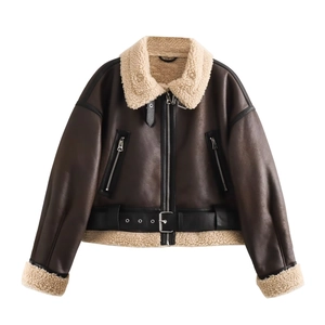 Detail of dark brown faux leather biker jacket with beige faux fur lining and waist belt