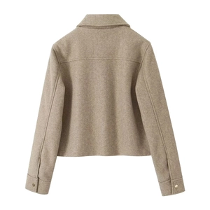 Back view of a khaki short wool jacket with flap collar and gold buttons on cuffs