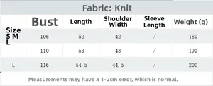 Detailed size chart for Y2K knit vest showing bust, length and weight in S, M, L