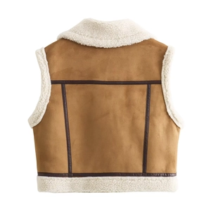Vue arrière du gilet Y2K en faux daim marron avec doublure et coutures en peau lainée