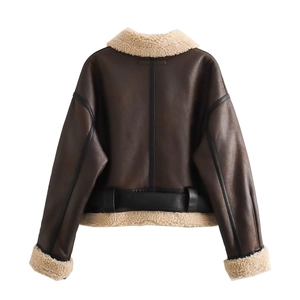 Back detail of brown faux shearling aviator jacket featuring black leather trim and belt loops