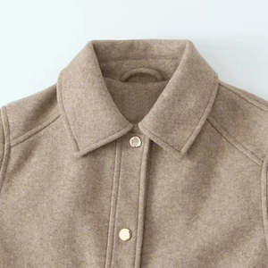 Chic camel wool shirt jacket featuring premium lapel collar and metallic gold buttons