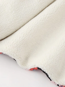 Detailed macro view of soft white sherpa fleece lining inside the floral cotton jacket