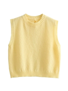 Y2K Women Backless Knit Vest Tie-Up Sleeveless Round Neck Yellow Polyester Honeycomb Texture Casual Streetwear Tank Top