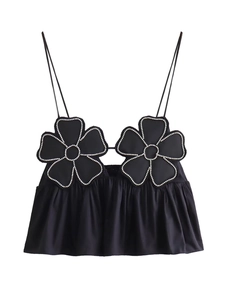 Damen Y2K Sexy Rückenfrei Blumen Crop Top Strass Spaghetti-Träger Trägertop Gerafft Schößchen Schwarz Mode Weste Party Clubwear