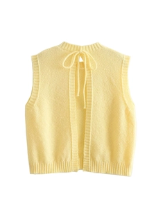 Y2K knit vest for women in pale yellow featuring backless tie-up design and ribbed trim