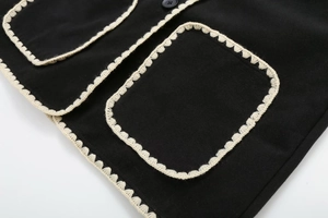 Macro shot of black wool coat with cream crochet trim and button detailing