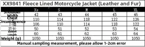 Tableau des tailles détaillé pour veste moto Y2K en peau lainée avec mesures précises