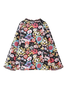 Y2K floral print quilted jacket with crew neck and frill trim details in black color