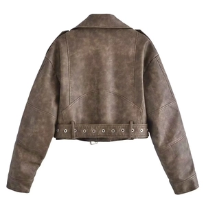 Vintage brown faux leather moto jacket with washed texture and wide belted hem design
