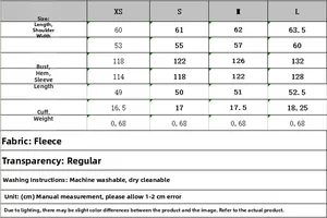 Size guide for Y2K oversized shearling jacket with detailed garment measurements in CM