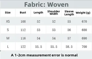 Size guide for women tweed jacket with bust, length, and weight measurements in cm