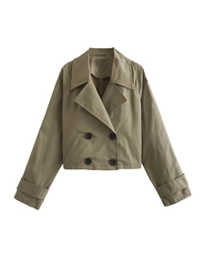 Women Short Double Breasted Trench Coat Slim Fit Lapel Jacket With Cuff Straps Solid Color Long Sleeve Raglan Sleeve Outerwear