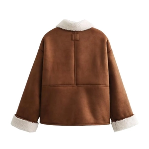 Back view of brown faux suede jacket with white shearling trim and cross stitching detail