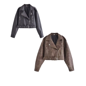 Short Y2K faux leather biker jackets in black and coffee brown with waist belts