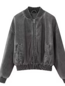 Blouson Bombardier en Cuir PU Y2K Femme Lavé Délavé Vintage Streetwear Col Montant Fermeture Éclair Manches Longues Manteau d'Automne