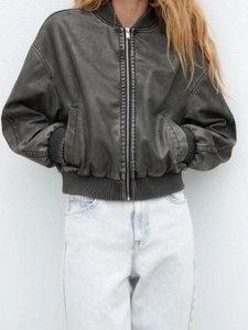 Veste bomber Y2K grise pour femme en similicuir délavé avec effet vintage usé