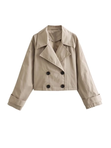 Slim fit khaki double-breasted short trench coat with classic lapels and belted cuffs