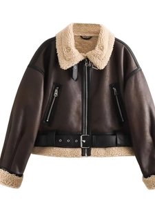 Women Vintage Y2K Faux Leather Aviator Jacket Shearling Lined Zip Up Short Fur Coat Streetwear Outerwear With Belt