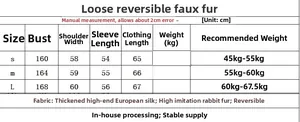 Size chart for reversible Y2K bomber jacket featuring thick faux fur and leather measurements