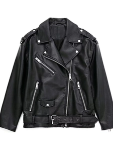 Women's Y2K Faux Leather Biker Jacket Cool Streetwear Multi Zipper Lapel Outwear Solid Color Long Sleeve Slim Fit PU Leather Coat