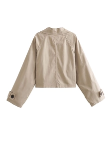 Slim fit khaki double-breasted short trench coat for women with raglan sleeves back view