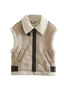 Beige faux shearling vest jacket with brown faux leather trim and warm zip closure