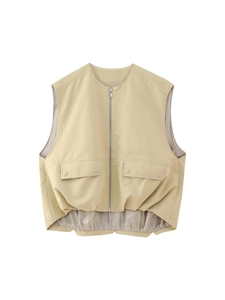 Women Casual Y2K Zip Up Vest Outwear Loose Fit Sleeveless Jacket With Pockets Drawstring Hem Light Khaki Polyester Top