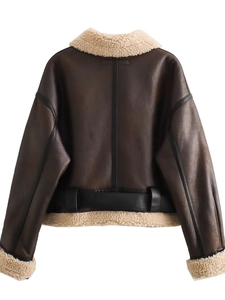 Back view of a brown faux leather shearling aviator jacket with black belts and Y2K style
